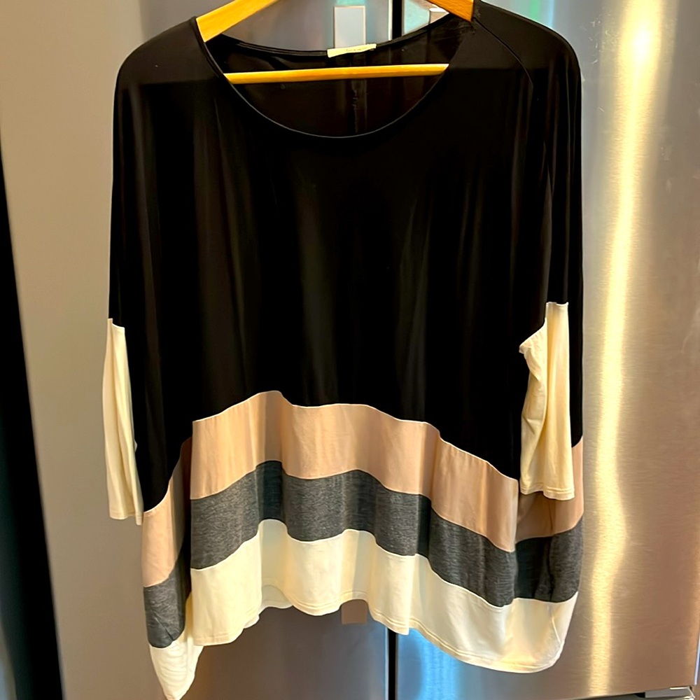 Tua black gray tunic oversized baggy tan striped Scoop Neck slouch boxy Flowy S